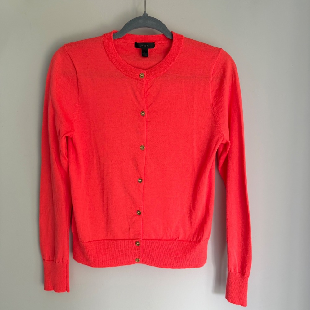J.Crew Tippi Cardigan Sweater Coral Pink 100% Merino Wool Button Front Medium